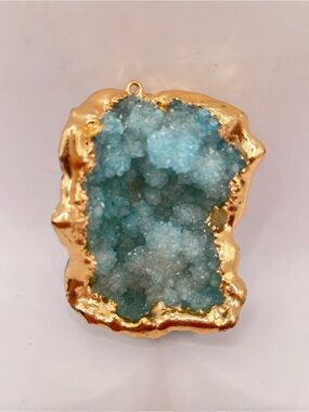 Gold-Trim Aqua Blue Druzy Agate Pendant - Women Jewelry